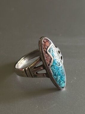 Sterling Silver Turquoise and Red and Blue Stone Inlay Women's Ring